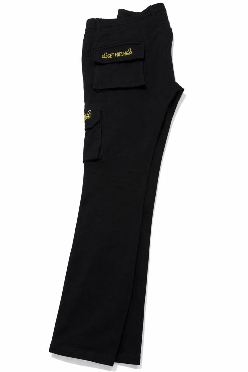 Black GET FRESH OR GET LOST Two-Piece Jean Outfit With Yellow Rhinestone Embroidery