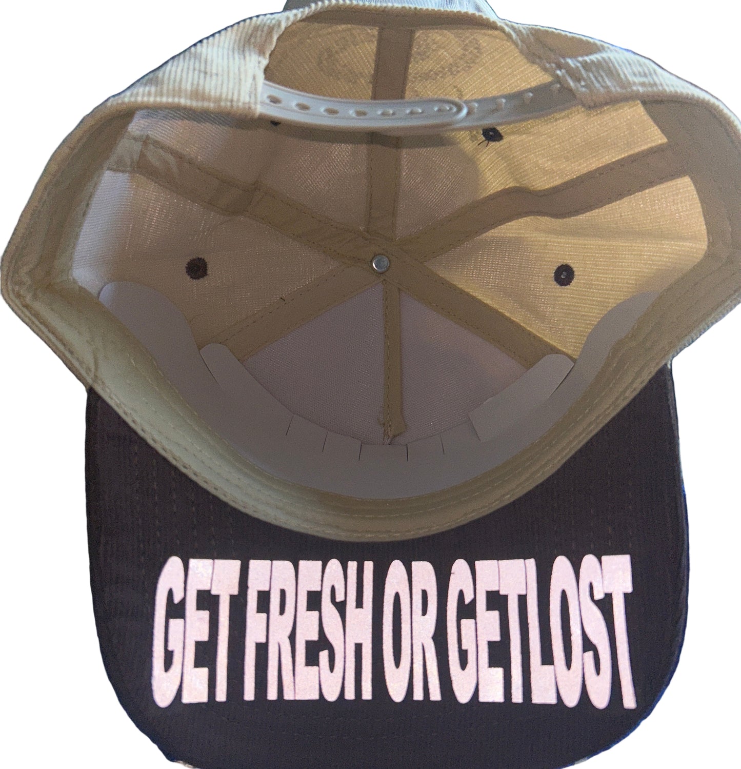 Brown and Tan GET FRESH OR GET LOST Hat With Iridescent Reflective Embroidery