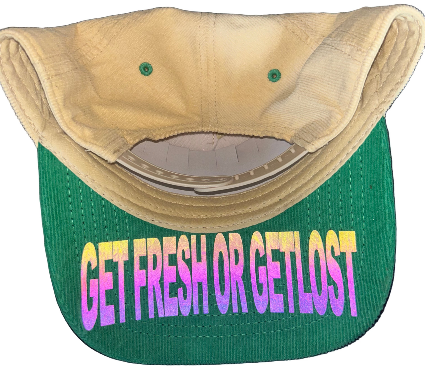 Tan and Green GET FRESH OR GET LOST Hat With Colored Reflecotr