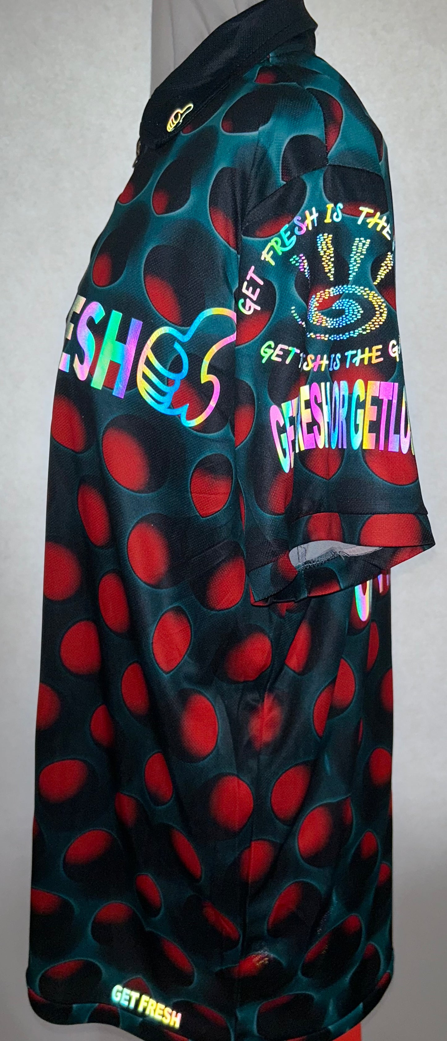 Red & Green GET FRESH OR GET LOST Polo Shirt With Zipper Reflector