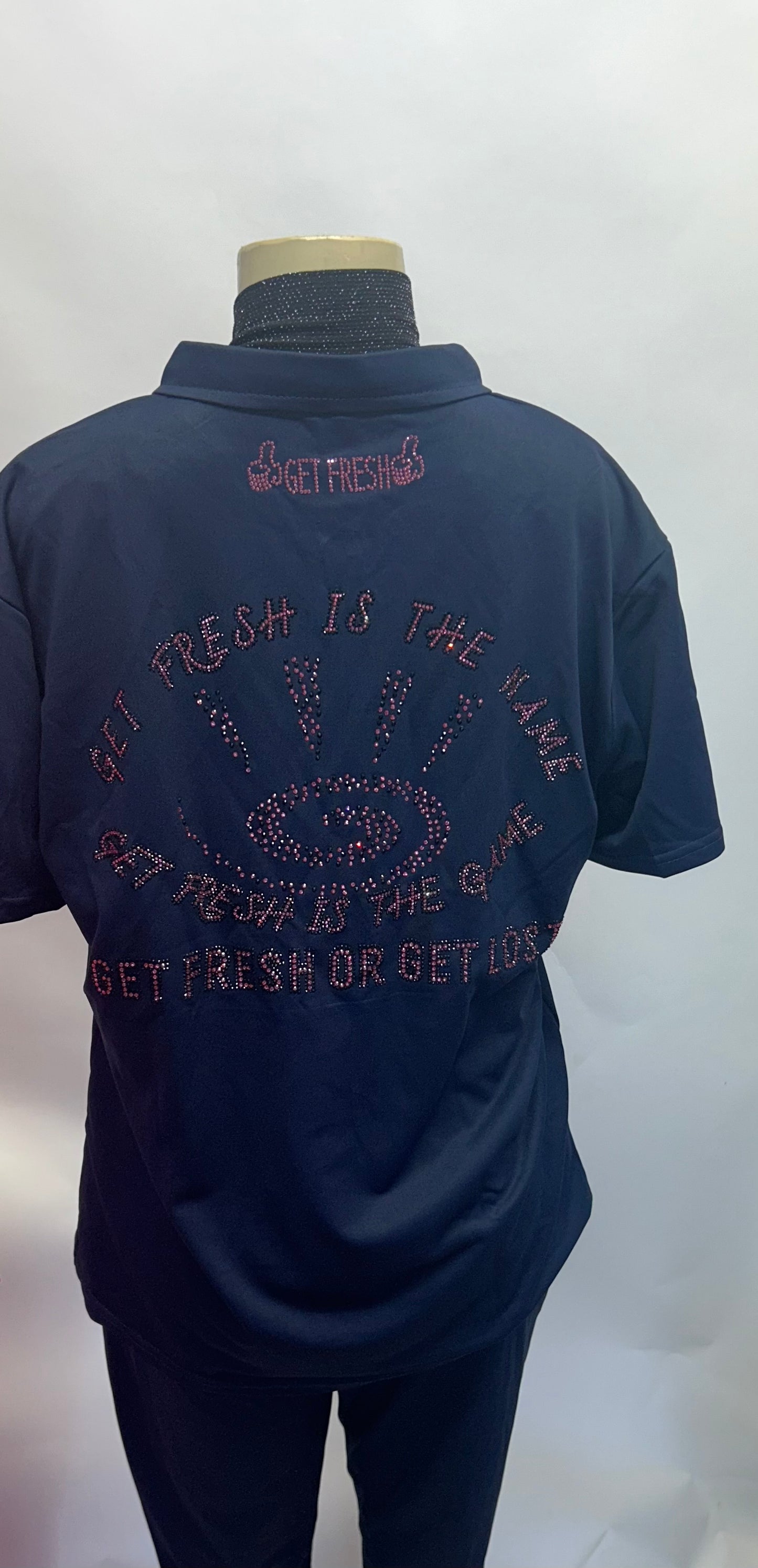 Blue GET FRESH OR GET LOST Two Piece Pink & Black Rhinestone