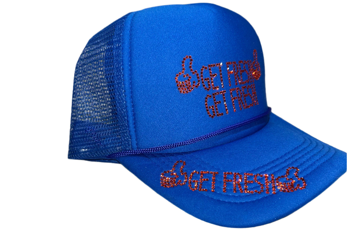 Blue GET FRESH OR GET LOST Hat With Orange Rhinestone Embroidery