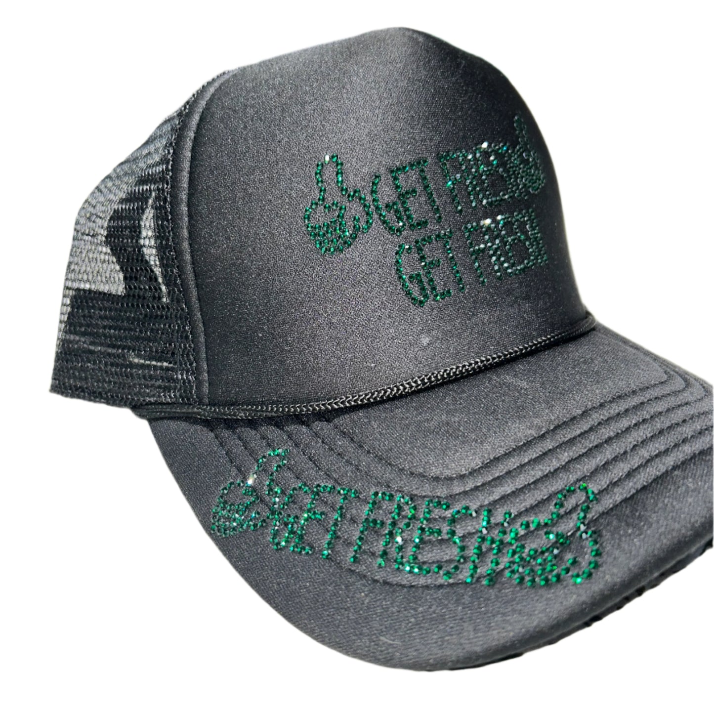 Black GET FRESH OR GET LOST Hat With Green Rhinestone Embroidery
