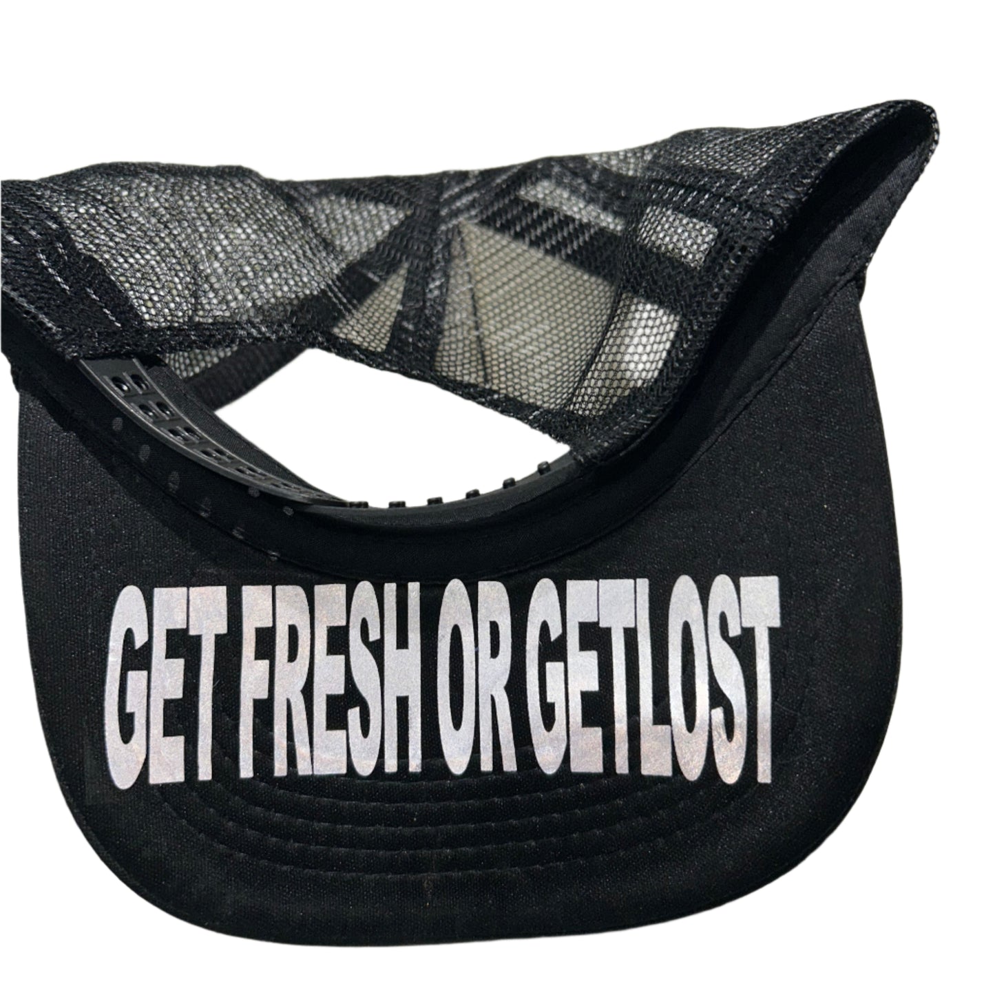 Black GET FRESH OR GET LOST Hat With Green Rhinestone Embroidery