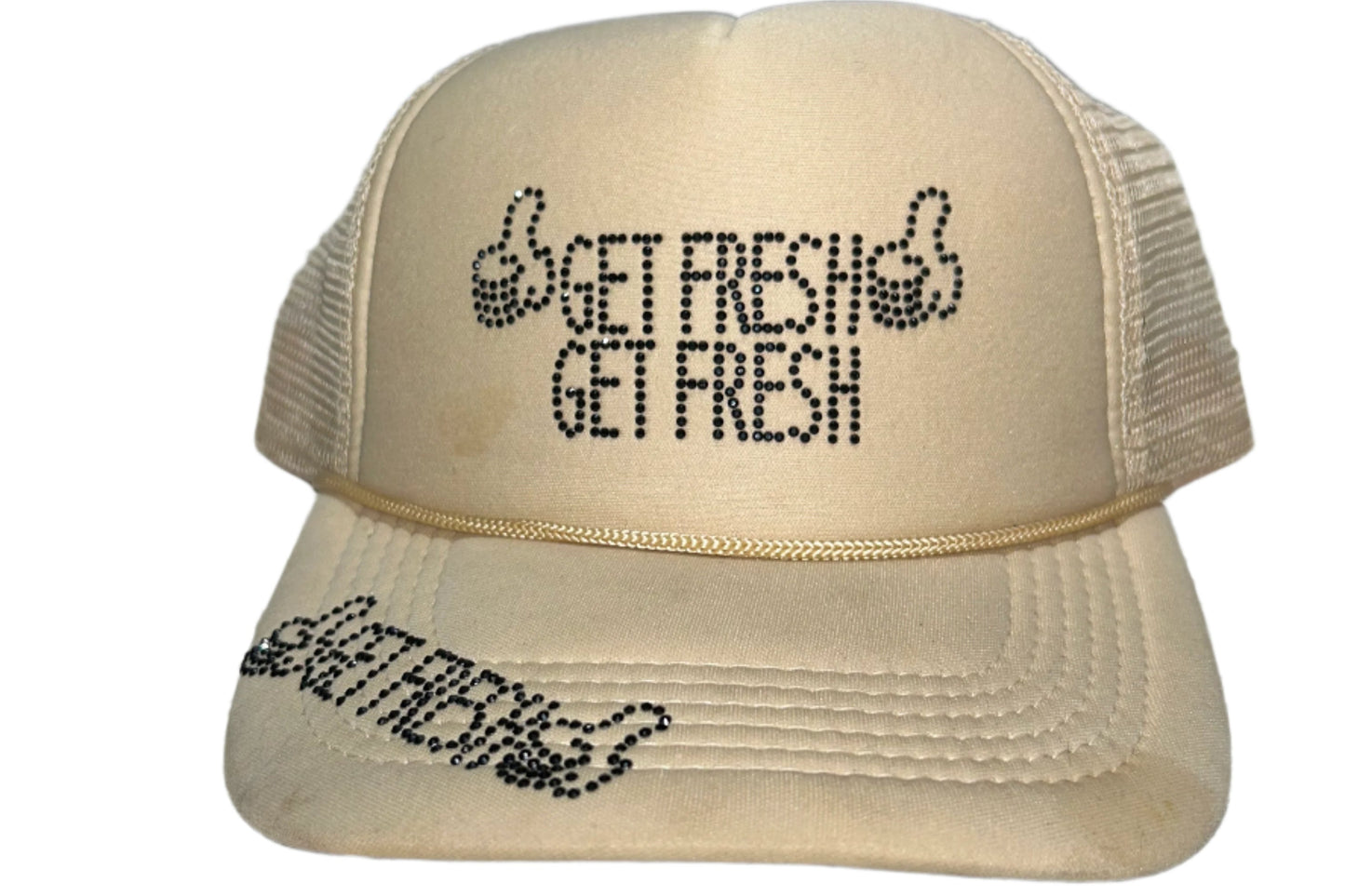 Cream GET FRESH OR GET LOST Hat With Black Rhinestone Embroidery