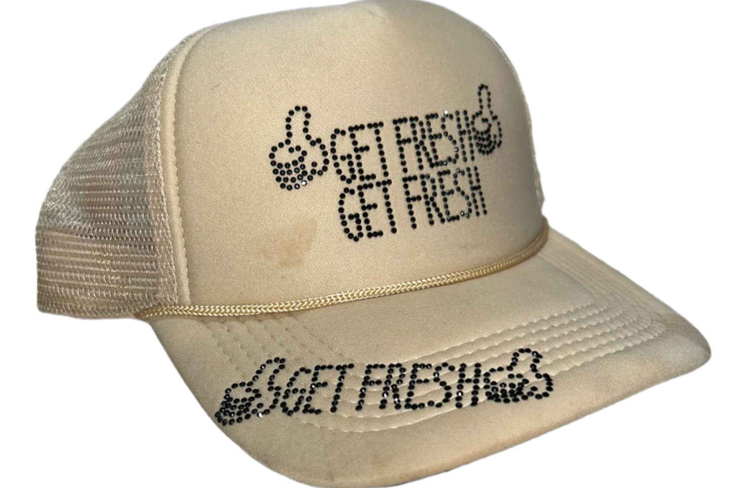 Cream GET FRESH OR GET LOST Hat With Black Rhinestone Embroidery