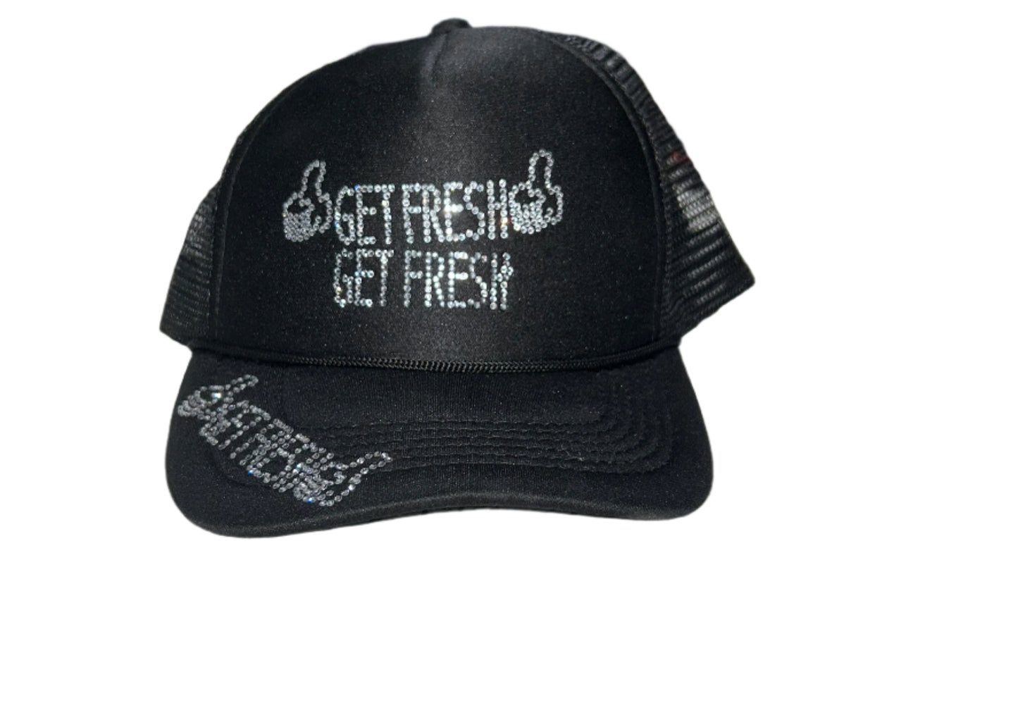 Black GET FRESH OR GET LOST Hat With Clear Rhinestone Embroidery
