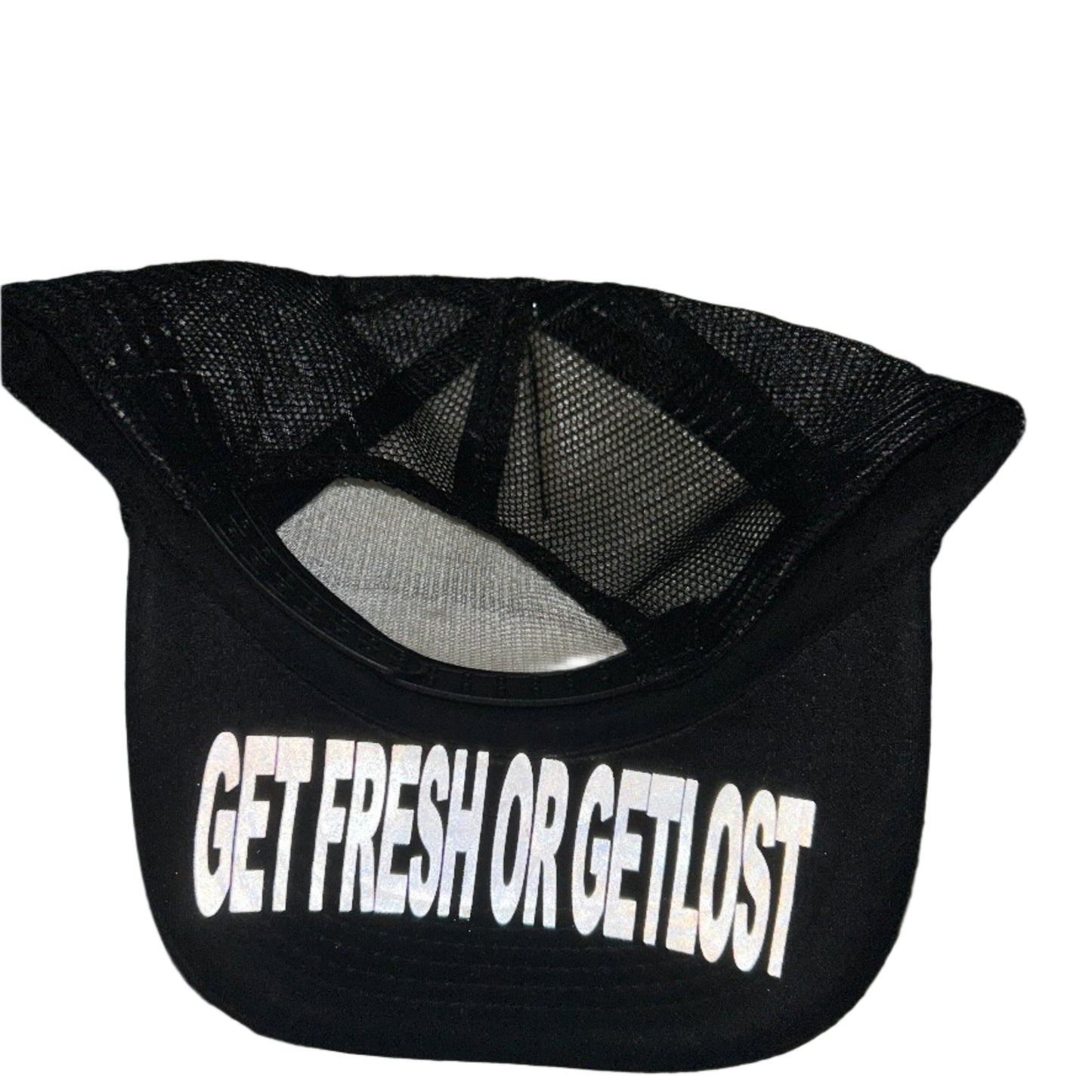 Black GET FRESH OR GET LOST Hat With Clear Rhinestone Embroidery