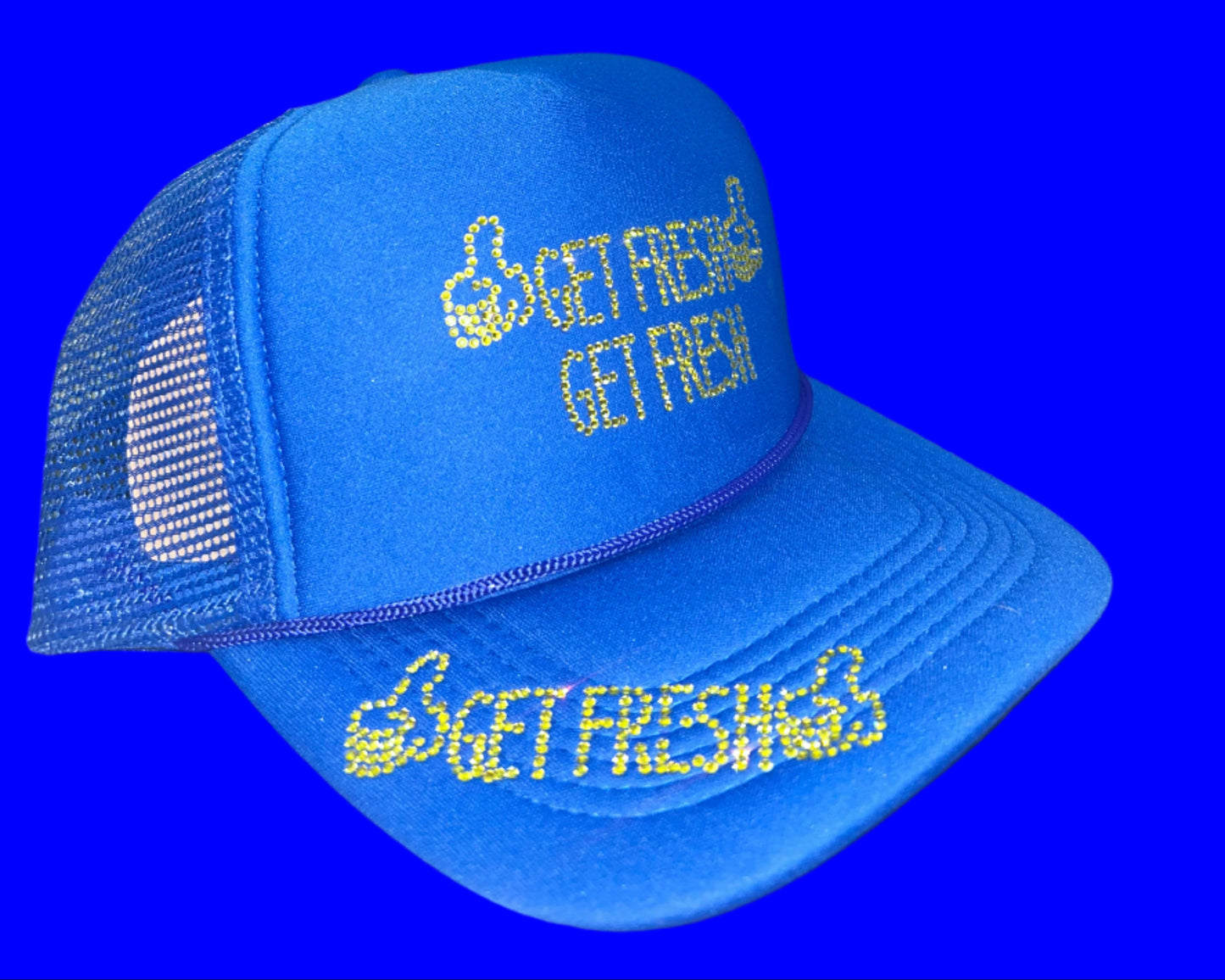Blue GET FRESH OR GET LOST Hat With Yellow Rhinestone Embroidery