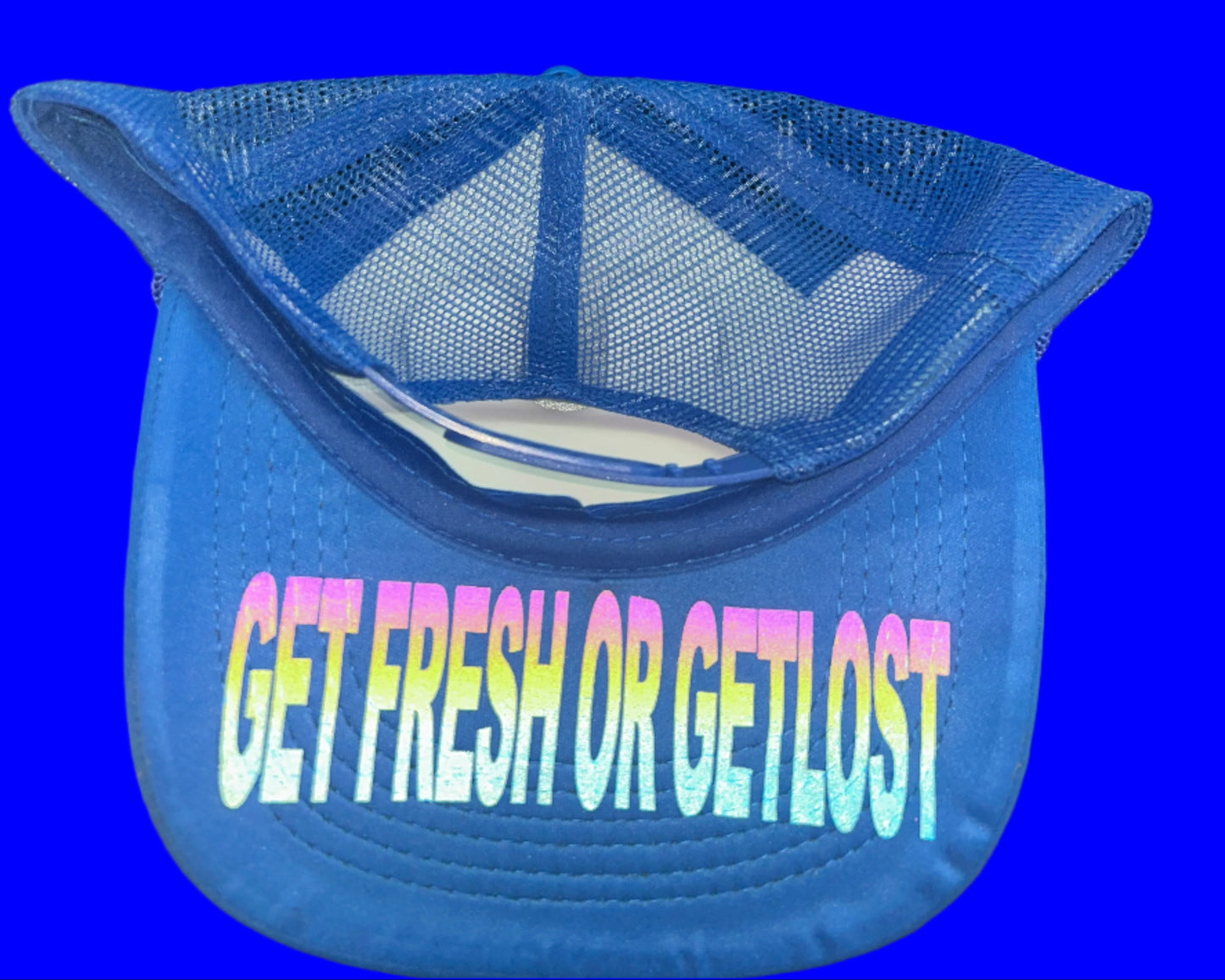 Blue GET FRESH OR GET LOST Hat With Yellow Rhinestone Embroidery