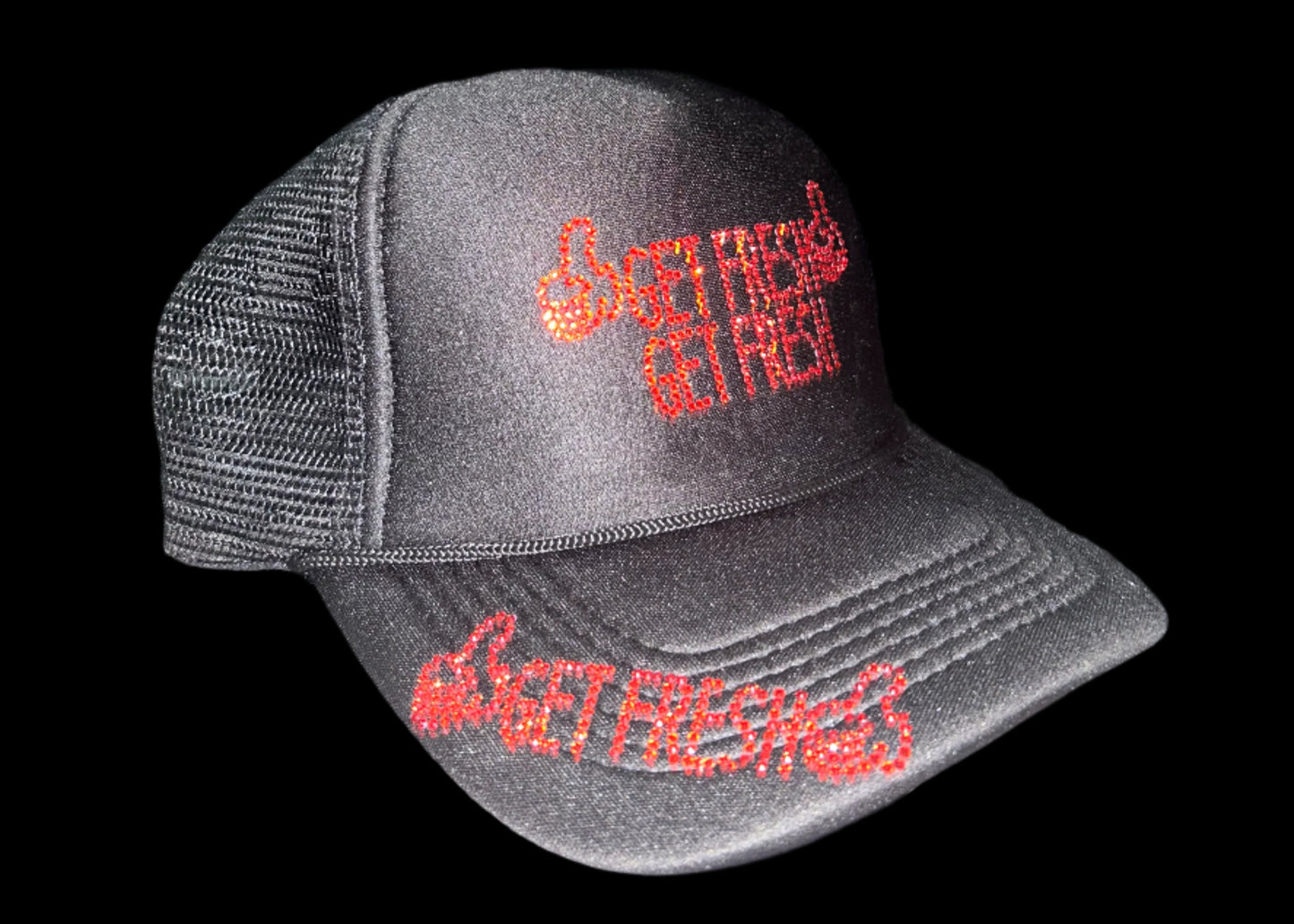 Black GET FRESH OR GET LOST Hat With Red Rhinestone Embroidery