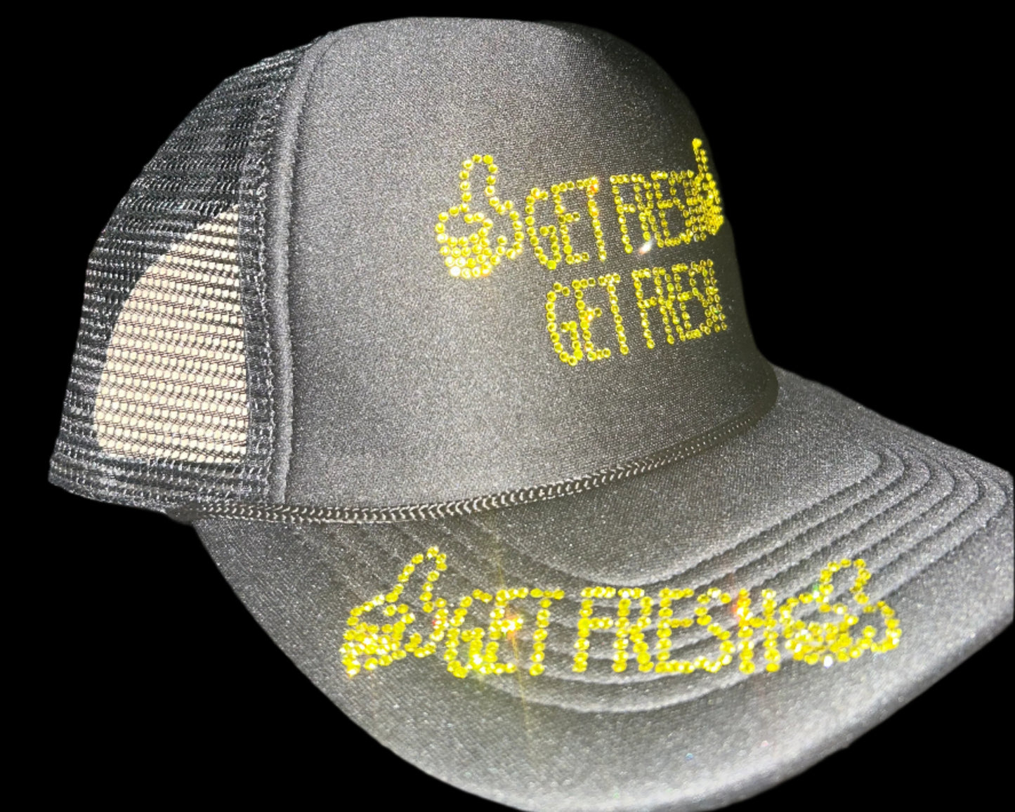 Black GET FRESH OR GET LOST Hat With Yellow Rhinestone Embroidery