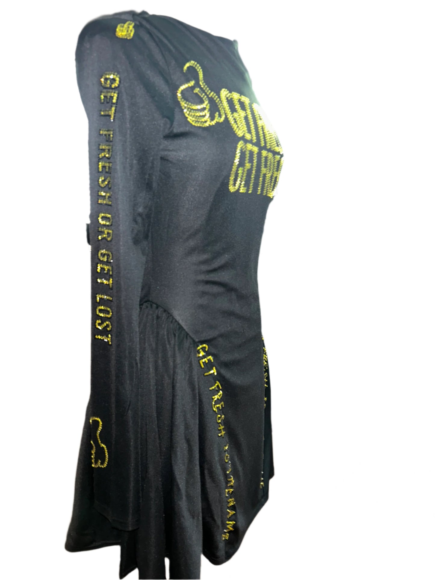 Black GET FRESH OR GET LOST Dress With Yellow Rhinestone Embroidery