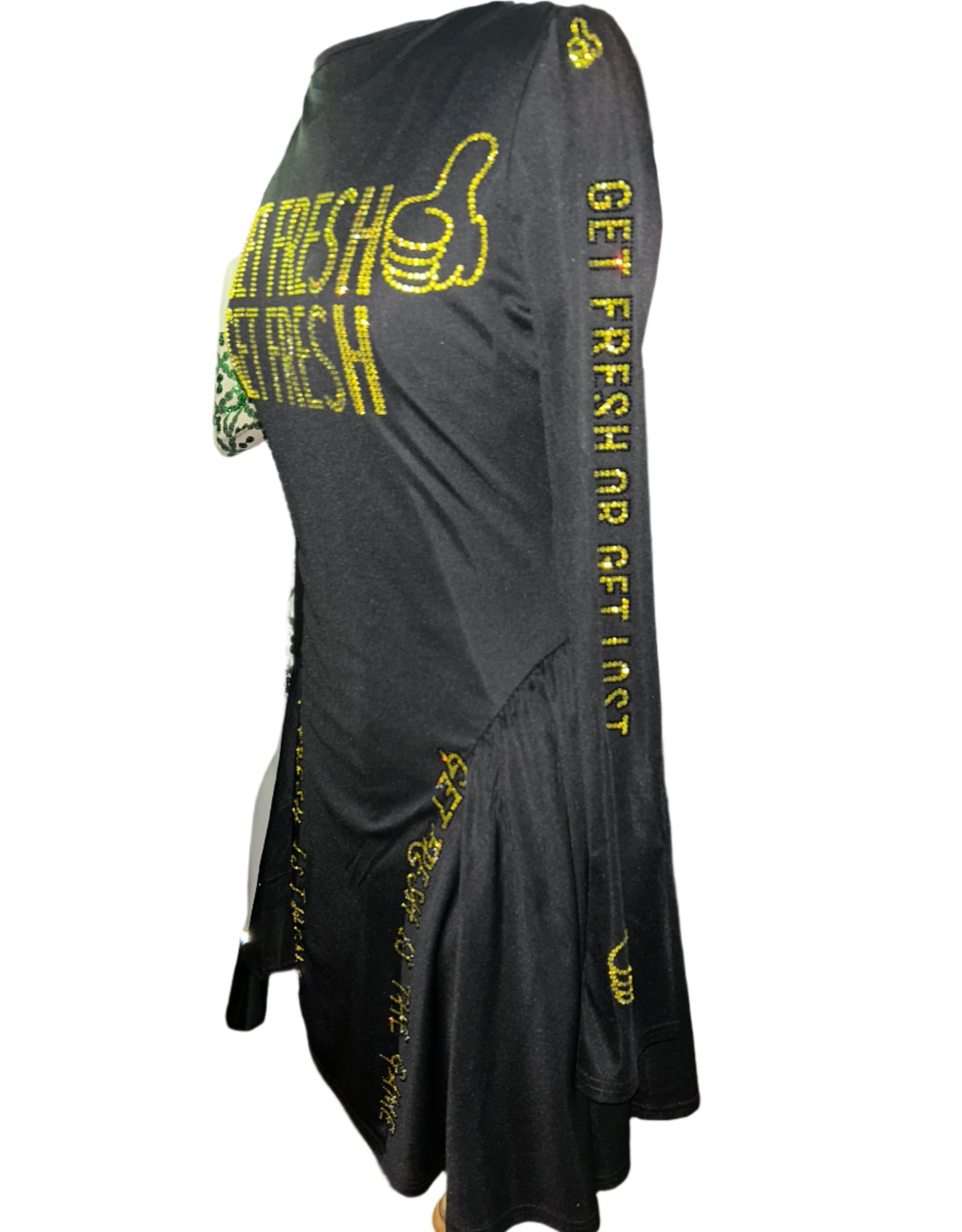 Black GET FRESH OR GET LOST Dress With Yellow Rhinestone Embroidery
