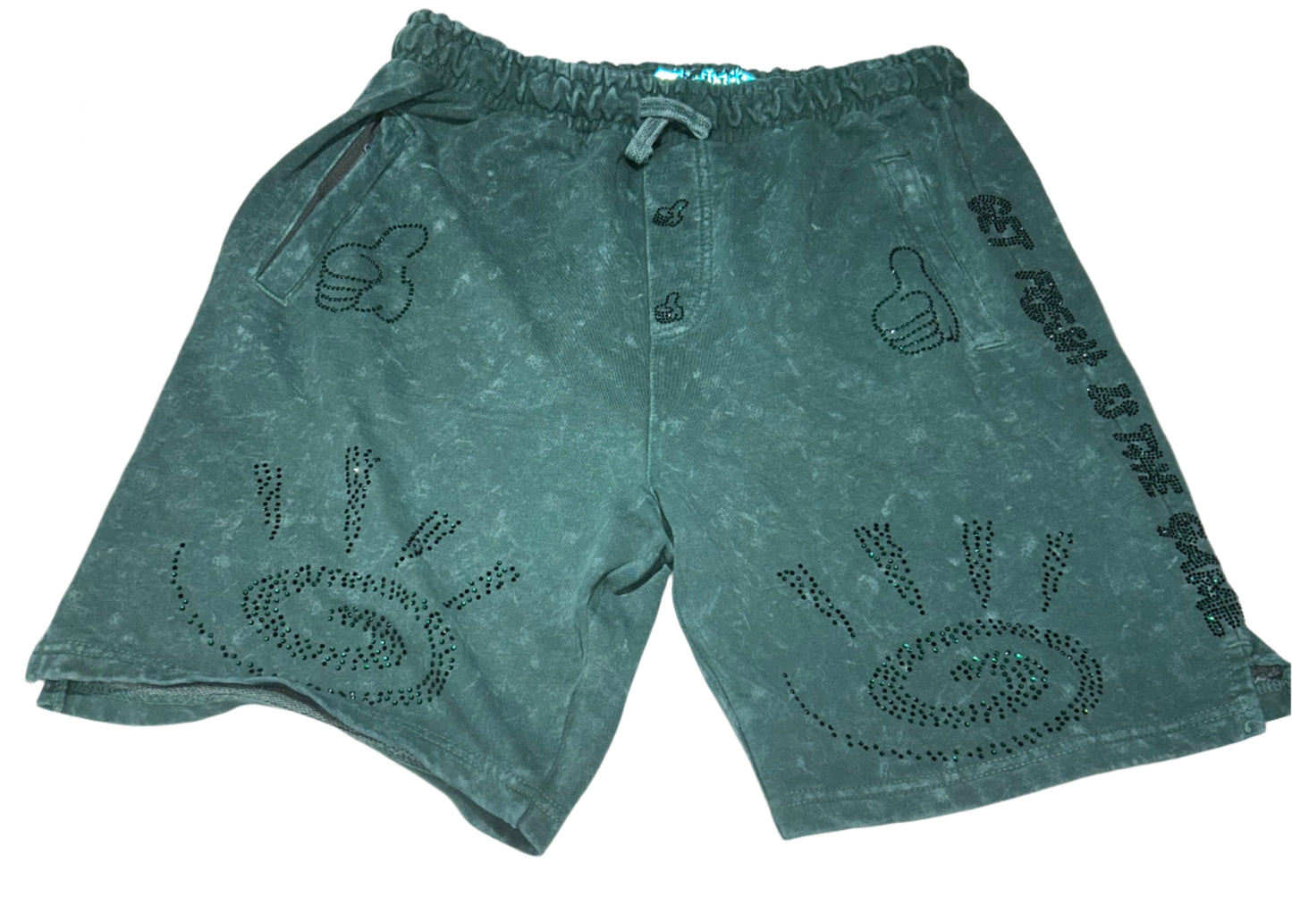 Green GET FRESH OR GET LOST Shirt & Shorts With Green Rhinestones Embroidery
