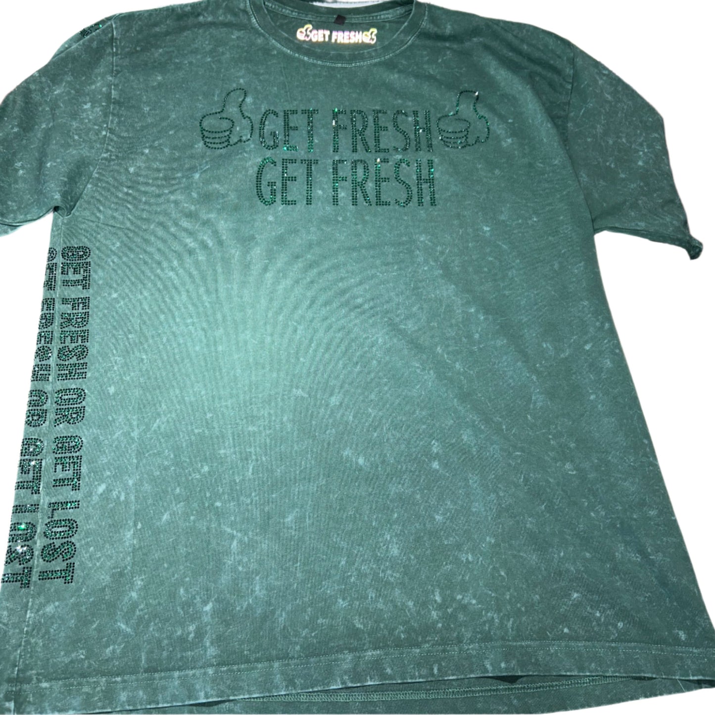 Green GET FRESH OR GET LOST Shirt & Shorts With Green Rhinestones Embroidery
