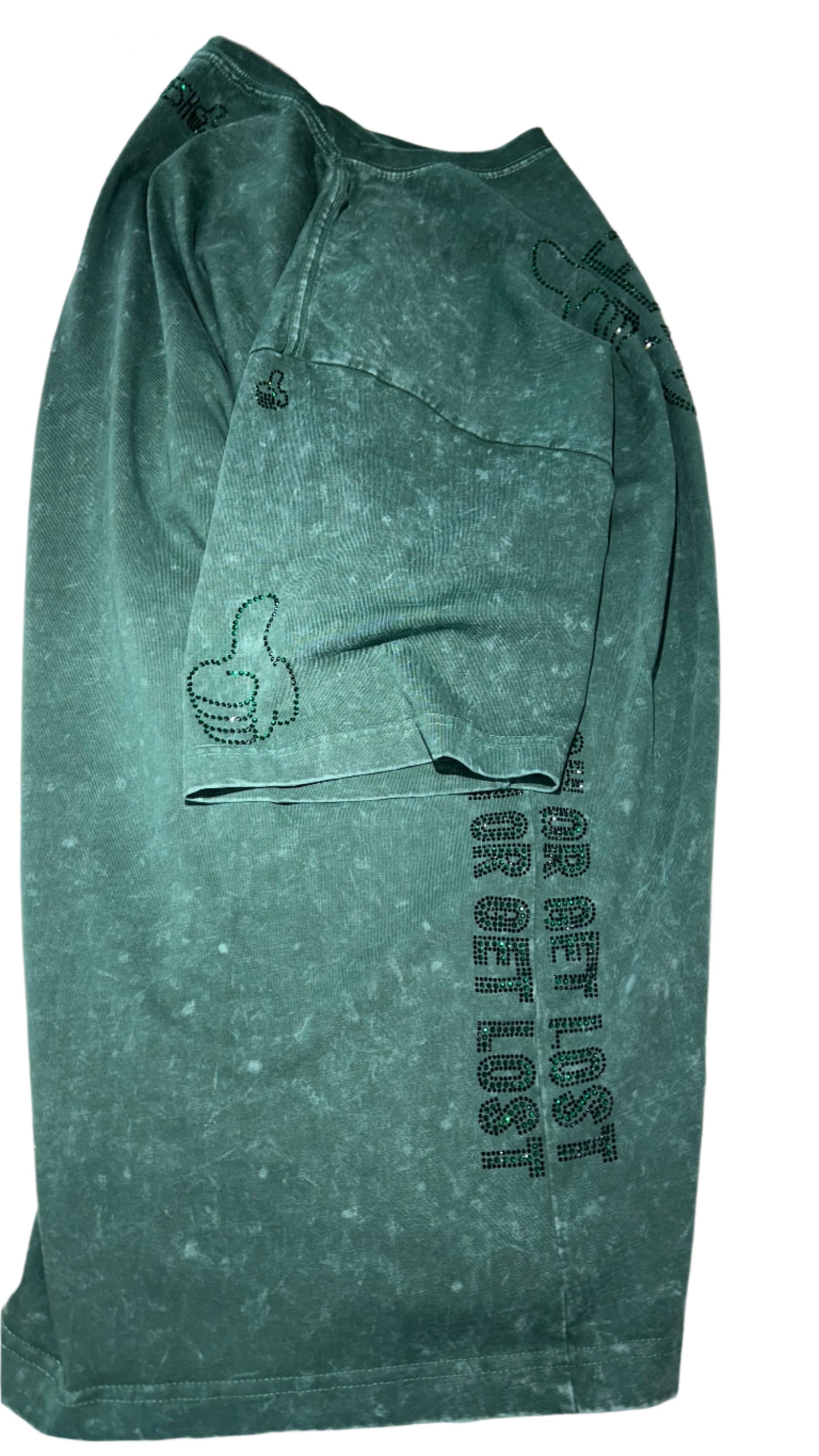Green GET FRESH OR GET LOST Shirt & Shorts With Green Rhinestones Embroidery