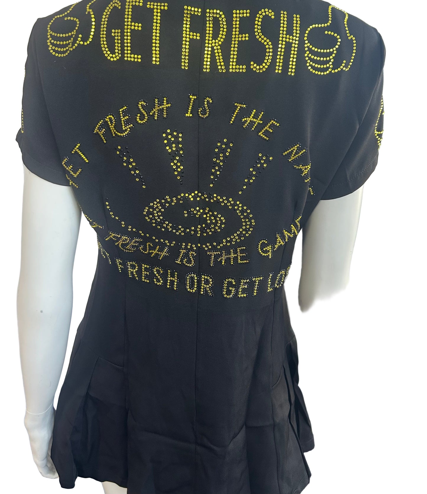 Black GET FRESH OR GET LOST Short Dress With Yellow Rhinestone Embroidery