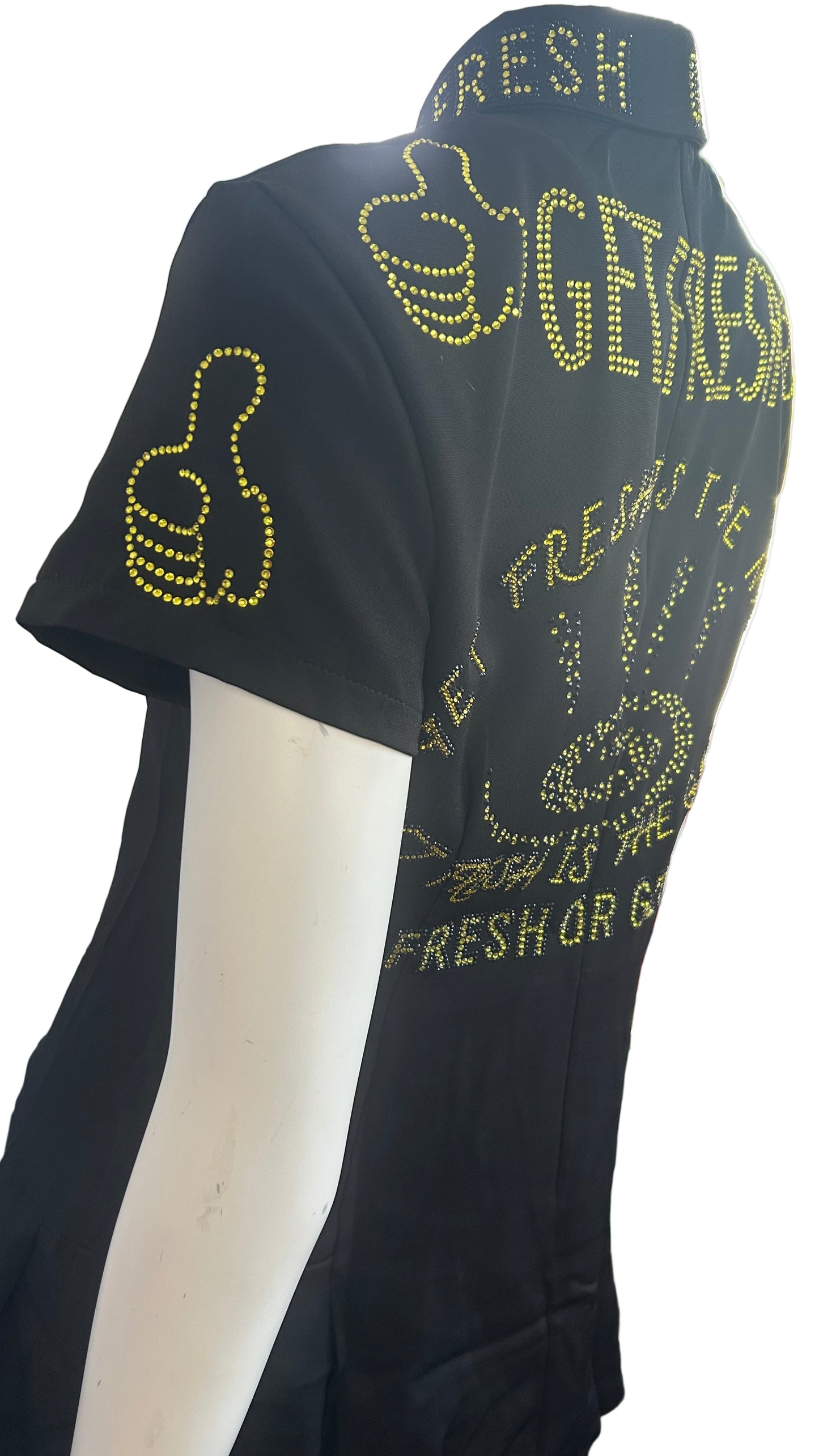 Black GET FRESH OR GET LOST Short Dress With Yellow Rhinestone Embroidery