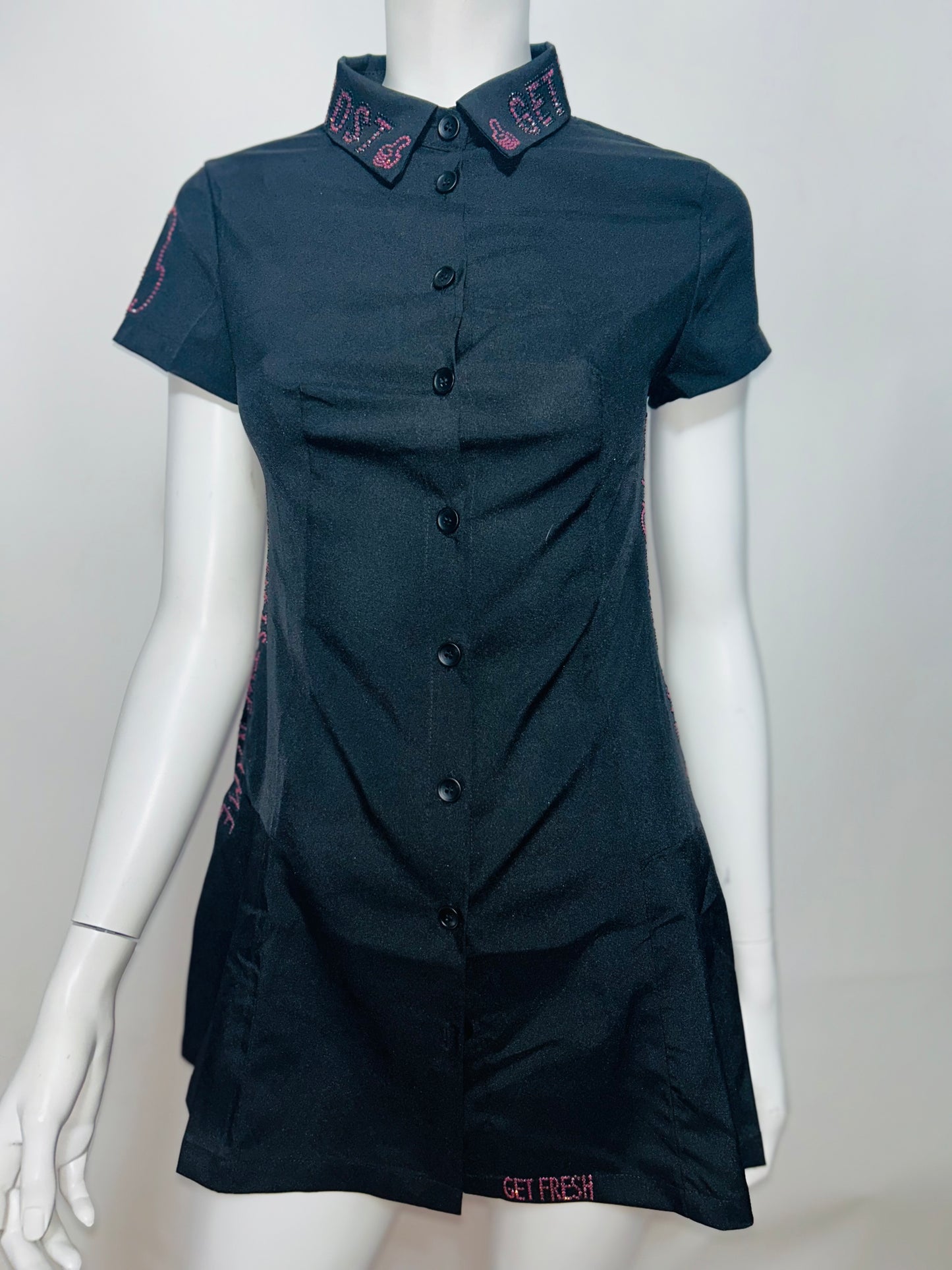 Dark blue GET FRESH OR GET LOST Dress With Pink Rhinestone Embroidery