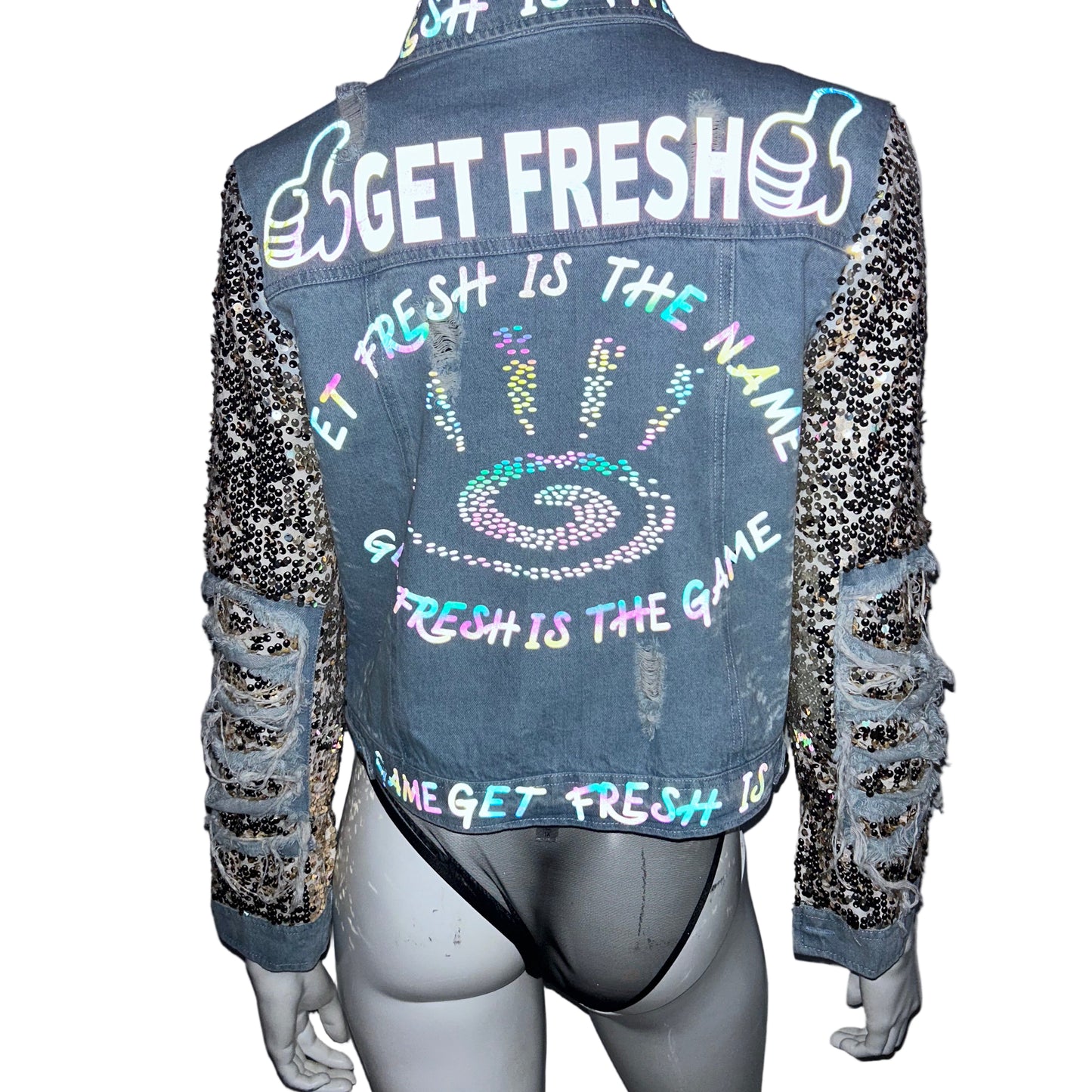 Light Blue GET FRESH OR GET LOST Jean Jacket With Colored Reflector