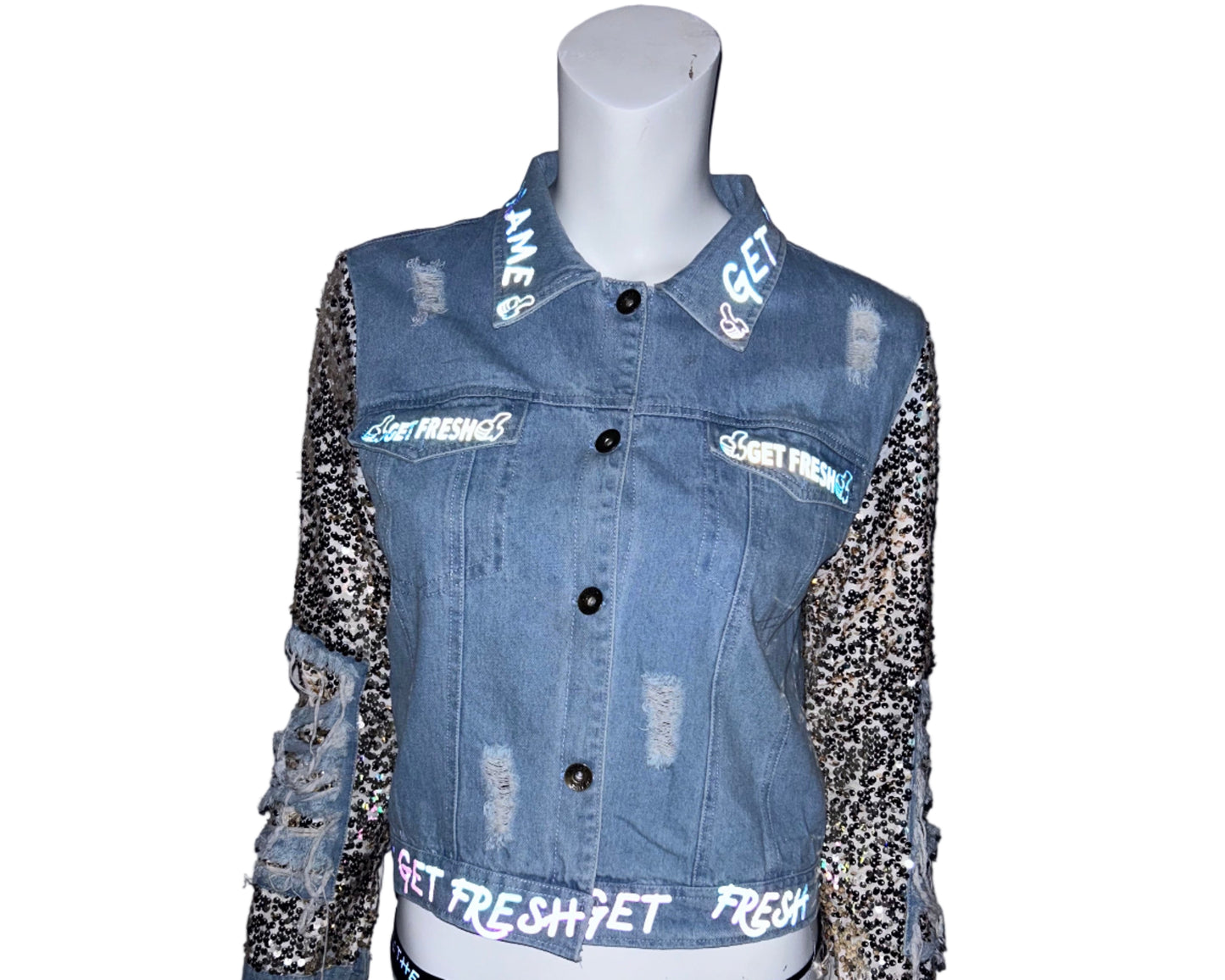 Light Blue GET FRESH OR GET LOST Jean Jacket With Colored Reflector