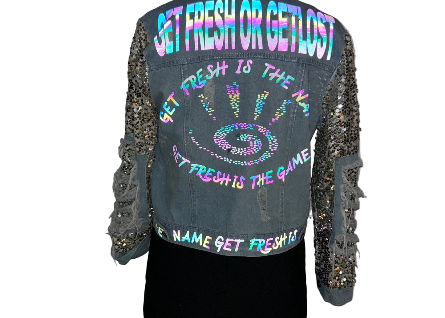 Light Blue GET FRESH OR GET LOST Jean Jacket Inverted With Colored Reflector