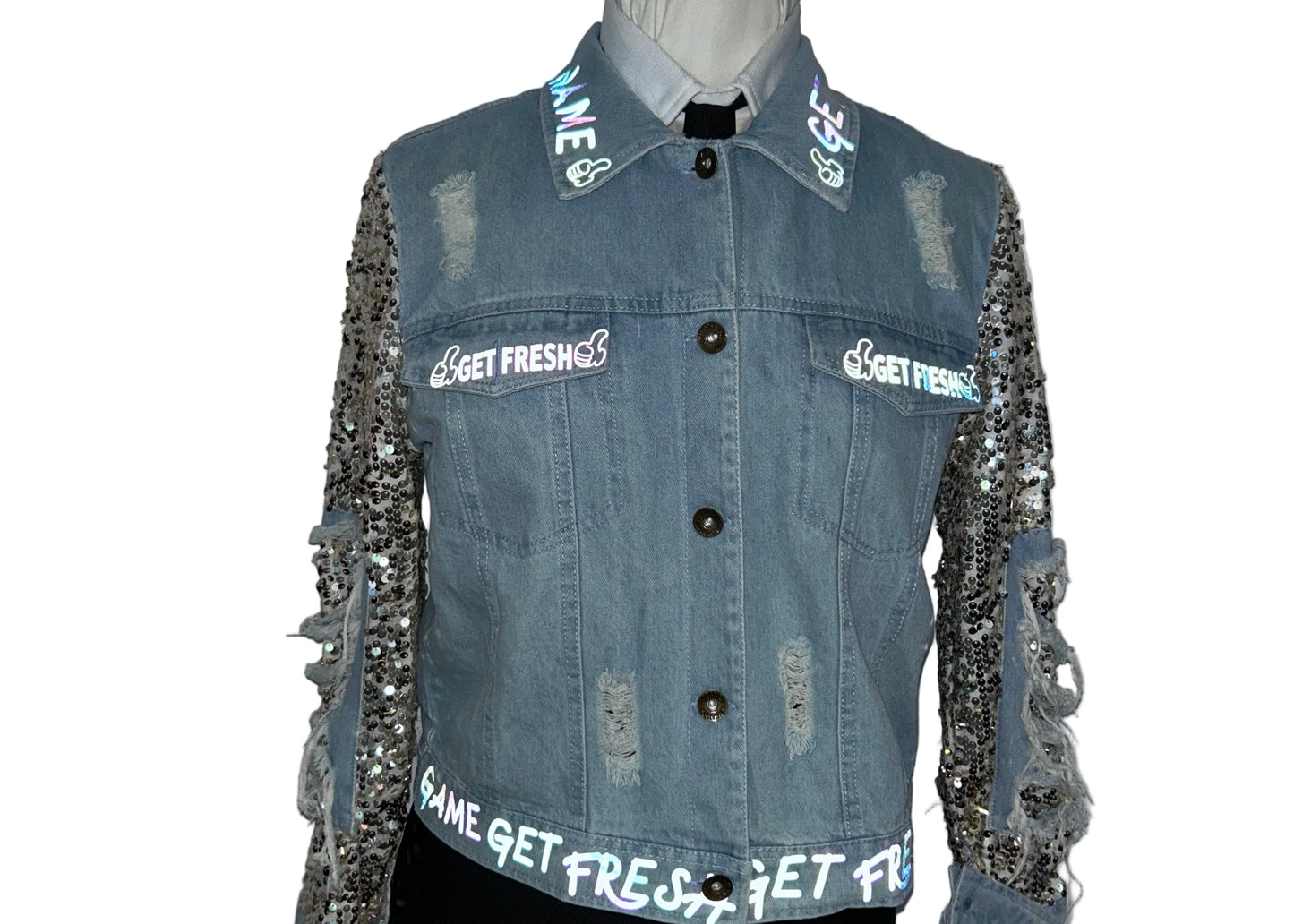 Light Blue GET FRESH OR GET LOST Jean Jacket Inverted With Colored Reflector