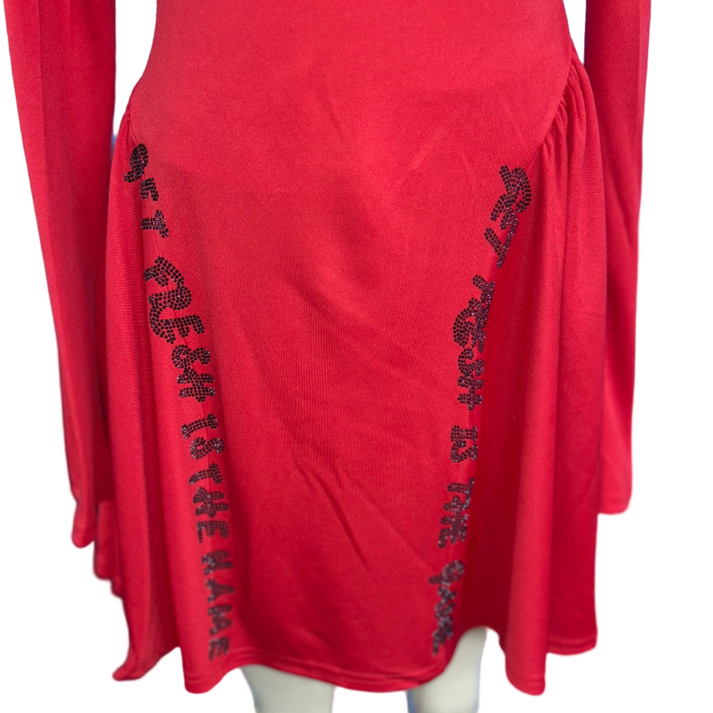 Red GET FRESH OR GET LOST Dress With Black Rhinestone Embroidery