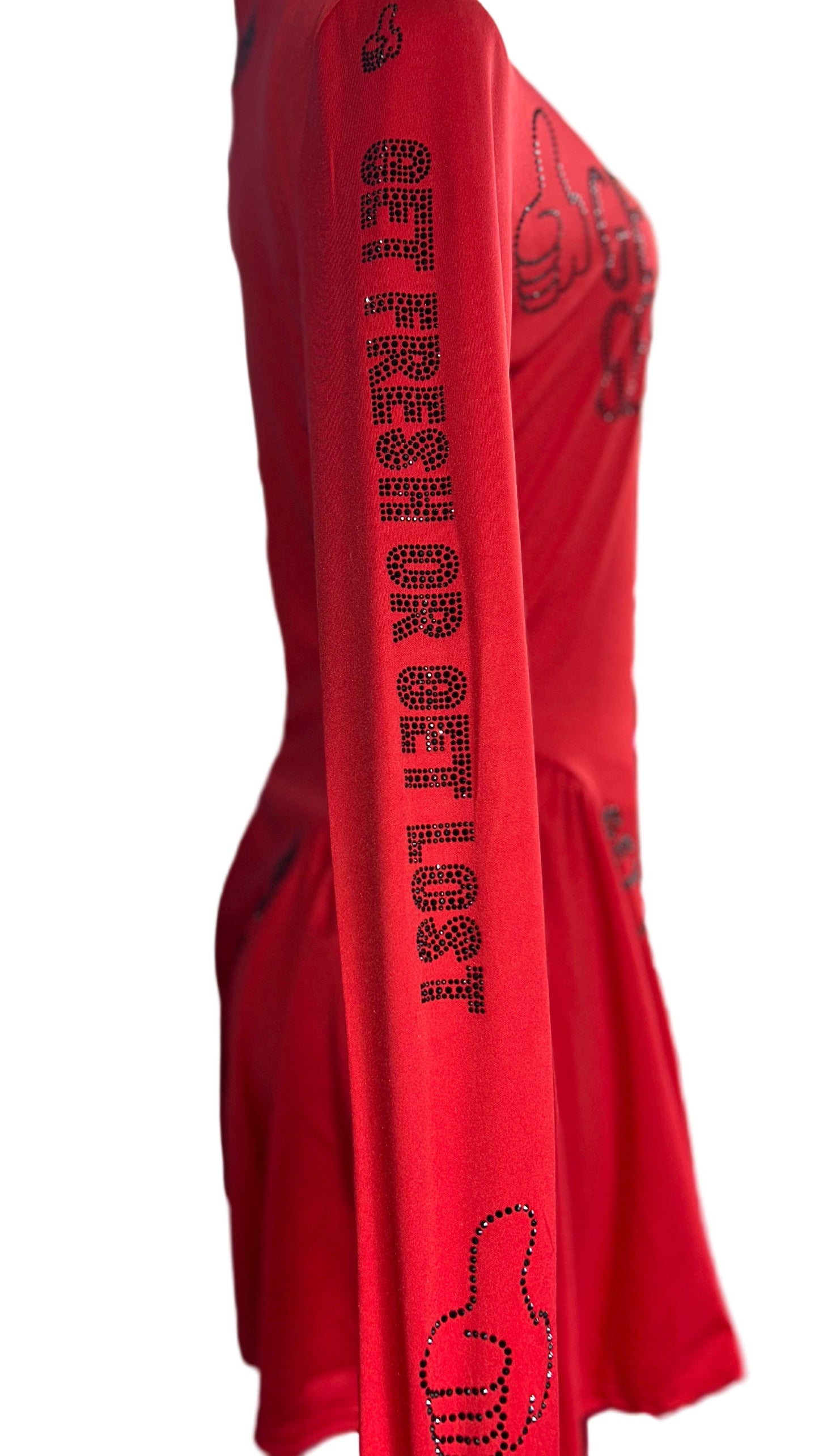 Red GET FRESH OR GET LOST Dress With Black Rhinestone Embroidery