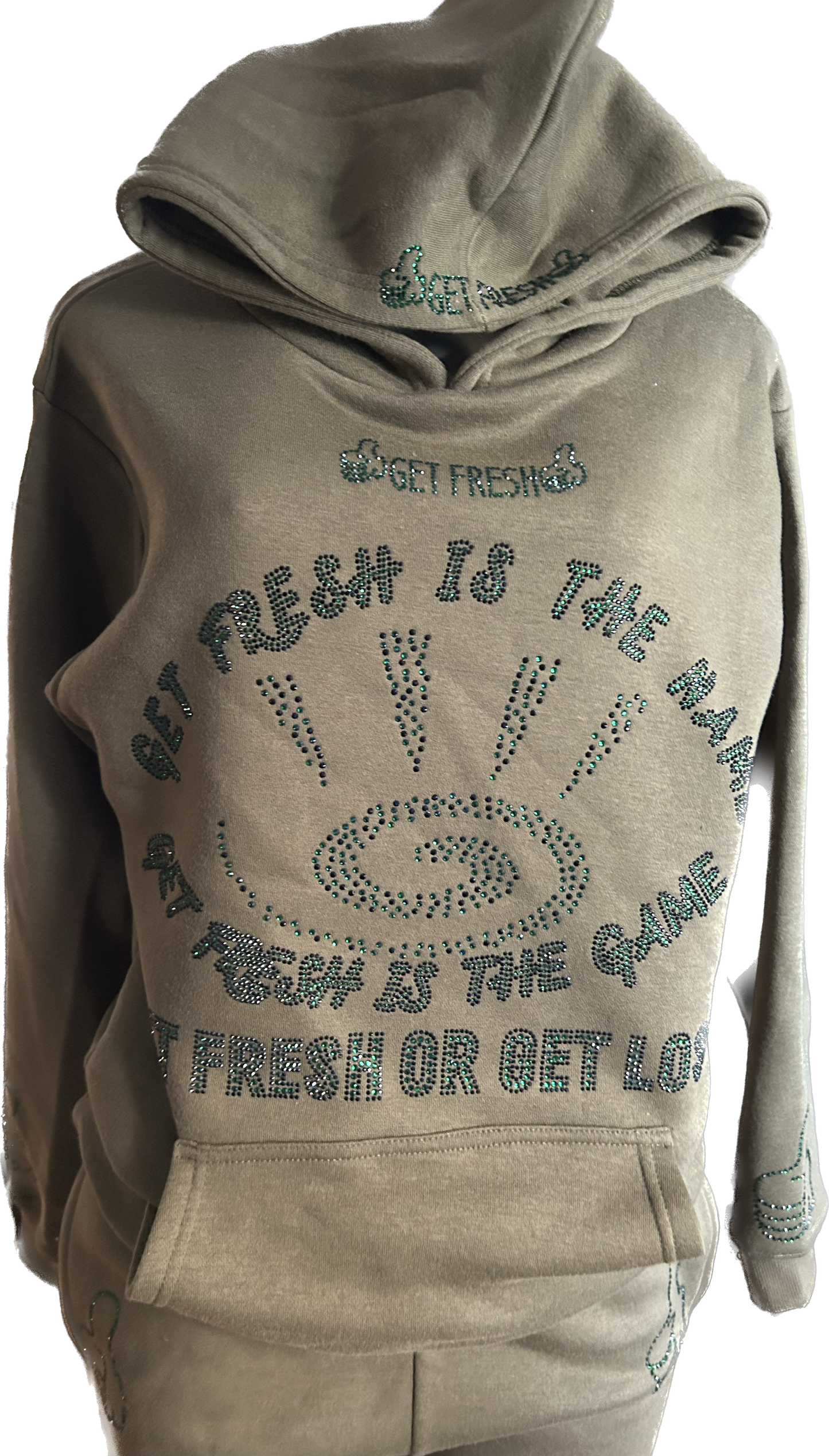 Green GET FRESH OR GET LOST Two Piece Sweater Rhinestone Embroidery