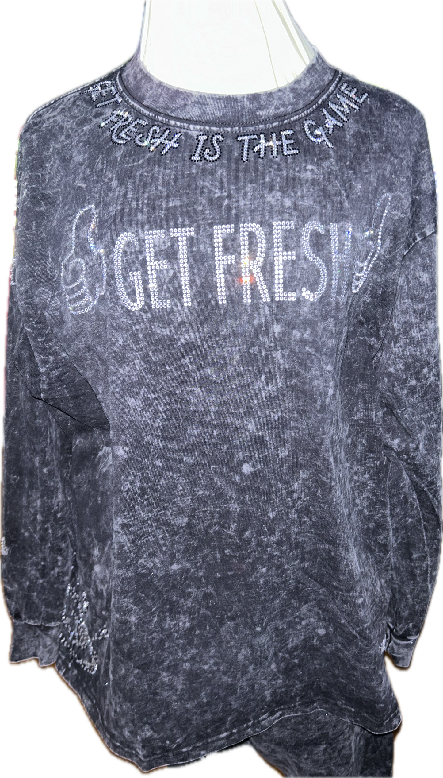 Black Get Fresh Or Get Lost Two-Piece Stone Wash Clear Rhinestones