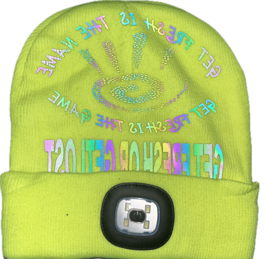 GET FRESH OR GET LOST Flashlight and Bluetooth Lime Green Hat Reflector