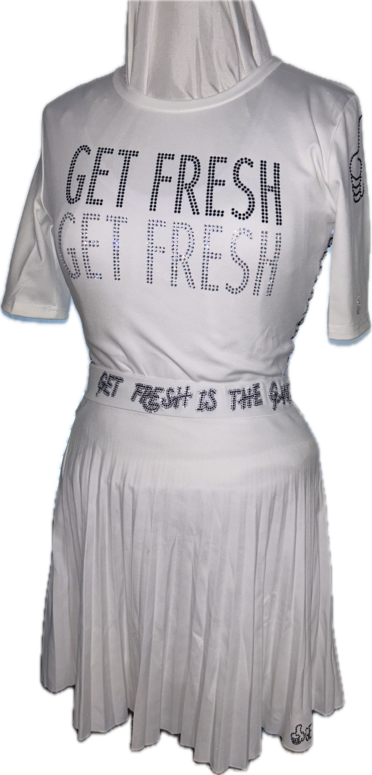 White GET FRESH OR LOST Two-Piece Tennis Dress With Clear & Black Rhinestones Embroidery