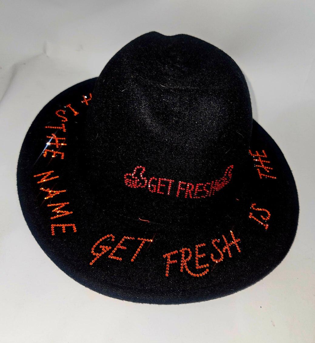 Black GET FRESH OR GET LOST Fedora Hat With Orange And Red Rhinestone Embroidery