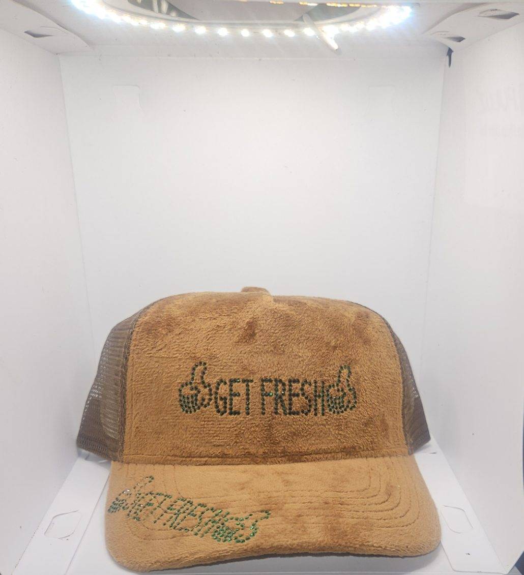 Brown GET FRESH OR GET LOST Hat With Green Rhinestone Embroidery And Colored Reflector