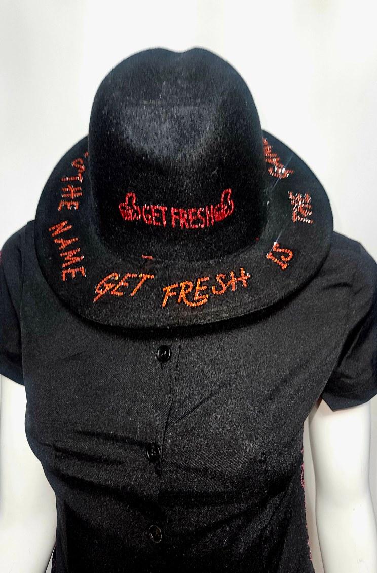 Black GET FRESH OR GET LOST Fedora Hat With Orange And Red Rhinestone Embroidery