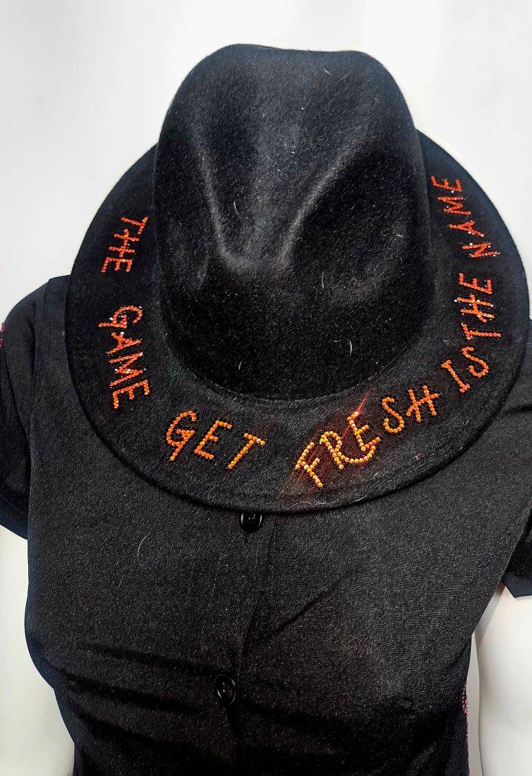 Black GET FRESH OR GET LOST Fedora Hat With Orange And Red Rhinestone Embroidery