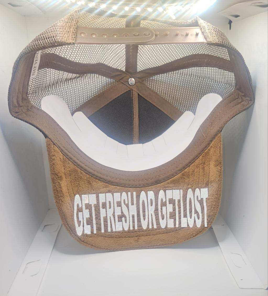 Brown GET FRESH OR GET LOST Hat With Green Rhinestone Embroidery And Colored Reflector