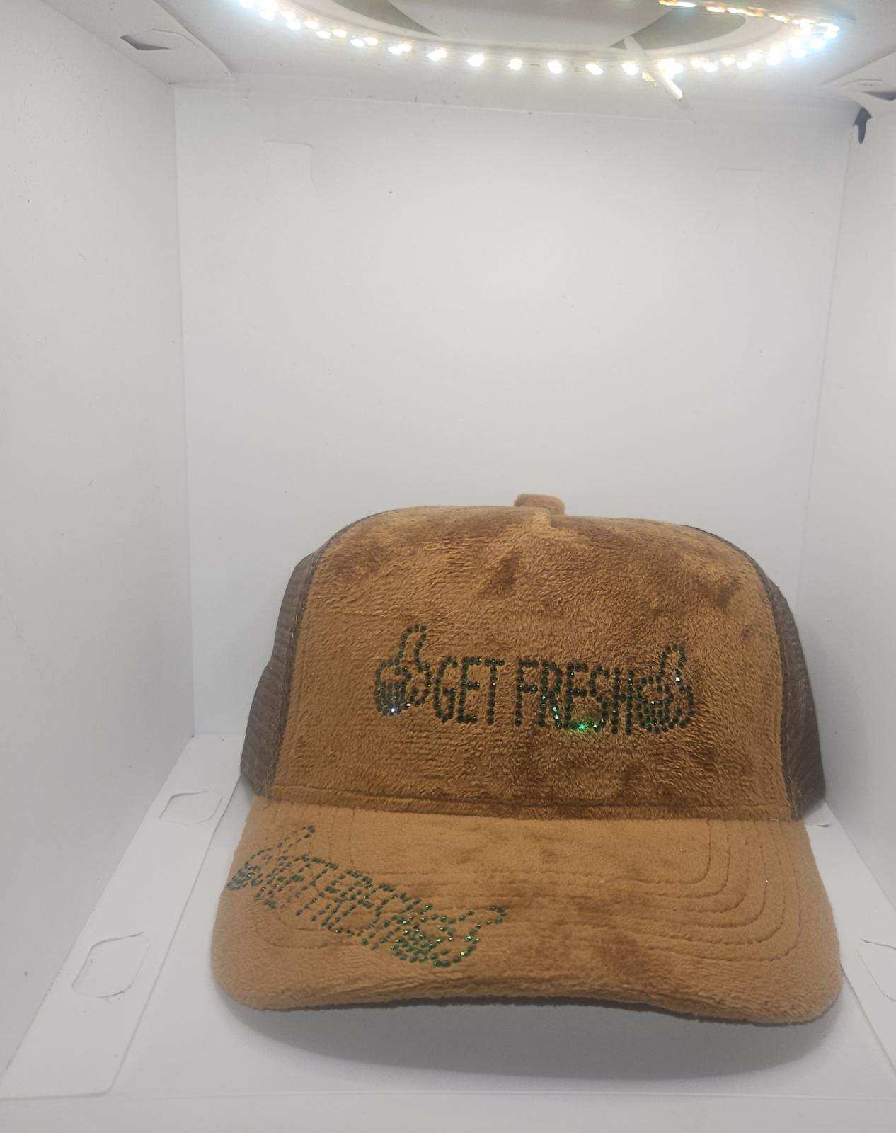 Brown GET FRESH OR GET LOST Hat With Green Rhinestone Embroidery And Colored Reflector