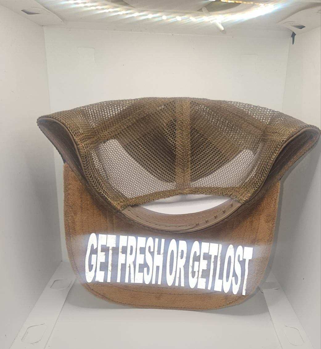 Brown GET FRESH OR GET LOST Hat With Green Rhinestone Embroidery And Colored Reflector