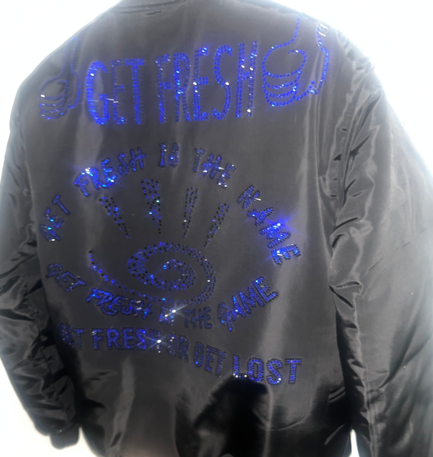 Royal Blue Rhinestone Embroidery Black Bomber Jacket