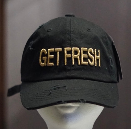 Black GET FRESH OR GET LOST Dad Hat With Front And Back Gold Embroidery
