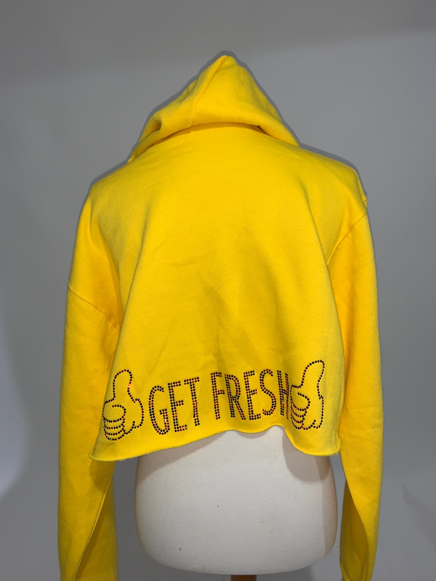 Sunshine Yellow GET FRESH OR GET LOST Hoodie With Red And Black Rhinestone Embroidery