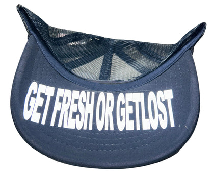 Navy Blue GET FRESH OR GET LOST Hat With Orange Rhinestone Embroidery