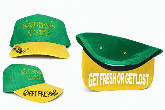 Green On Yellow GET FRESH OR GET LOST hat with Yellow & Green Rhinestone Embroidery