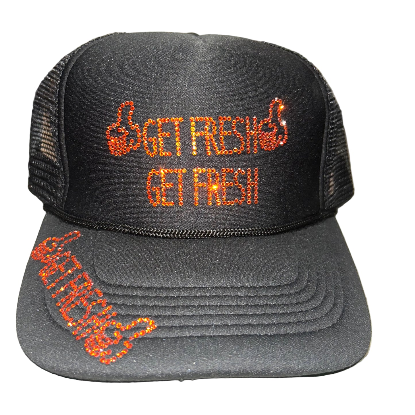 Black GET FRESH OR GET LOST Hat With Orange Rhinestone Embroidery