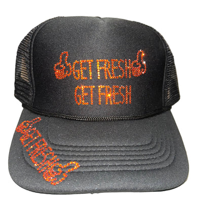 Black GET FRESH OR GET LOST Hat With Orange Rhinestone Embroidery