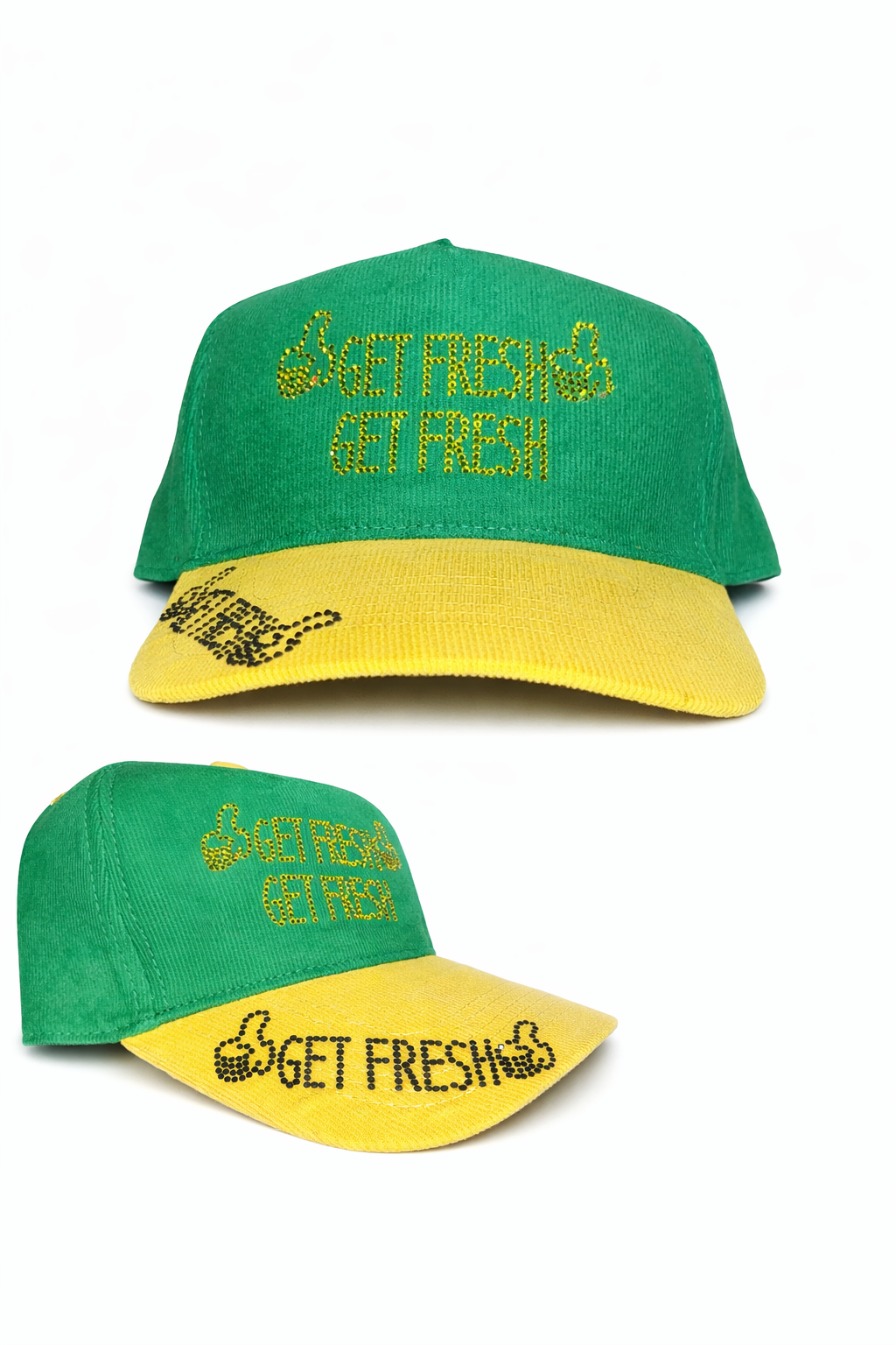 Green On Yellow GET FRESH OR GET LOST hat with Yellow & Green Rhinestone Embroidery