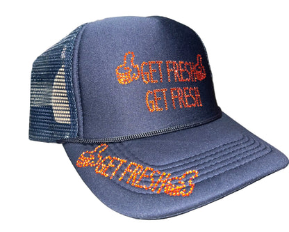 Navy Blue GET FRESH OR GET LOST Hat With Orange Rhinestone Embroidery